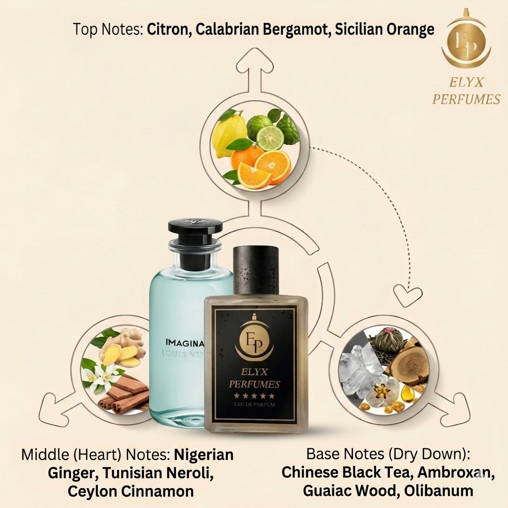 Elyx Perfumes product with fragrance notes and branding on a beige background