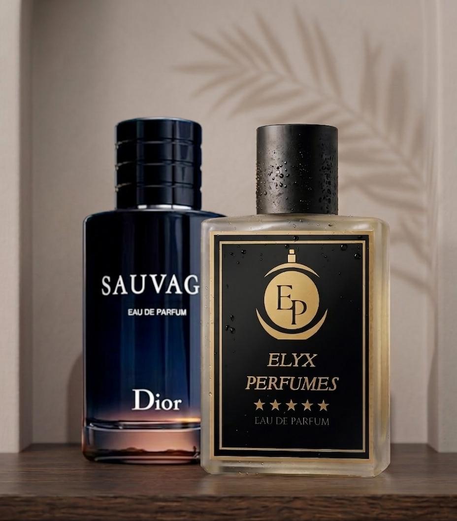 Two perfume bottles, one by Dior and the other by Elyx Perfumes, on a wooden surface with a neutral background.