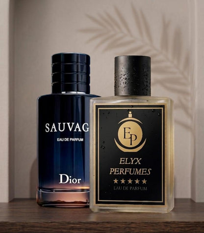 Two perfume bottles, one by Dior and the other by Elyx Perfumes, on a wooden surface with a neutral background.