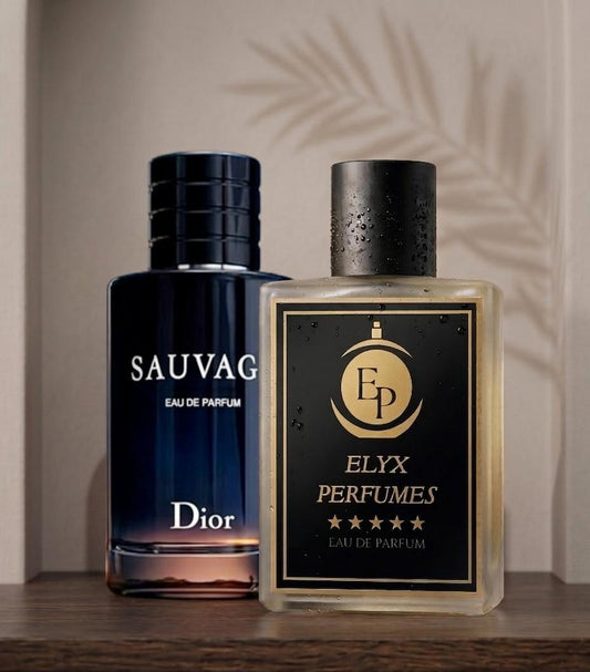 Two perfume bottles, one by Dior and the other by Elyx Perfumes, on a wooden surface with a neutral background.