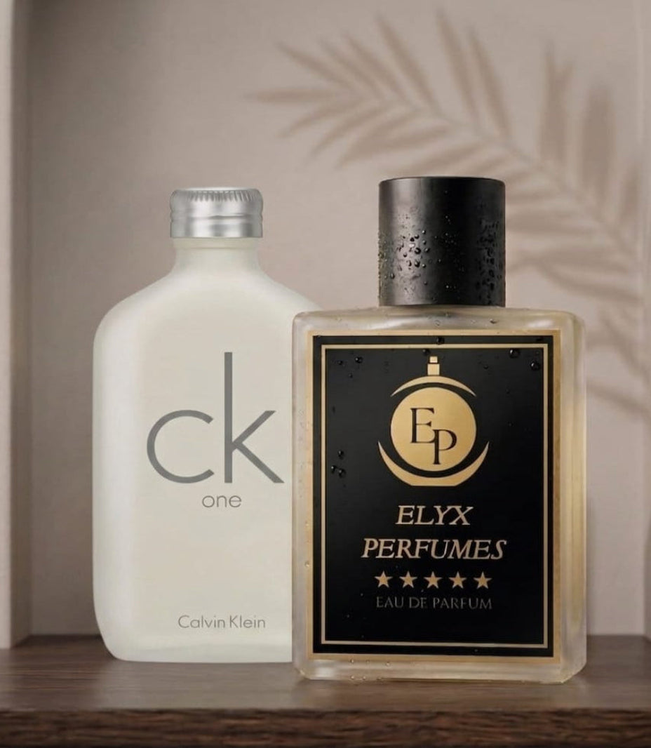 Two perfume bottles, one Calvin Klein and one Elyx Perfumes, on a wooden surface with a neutral background.