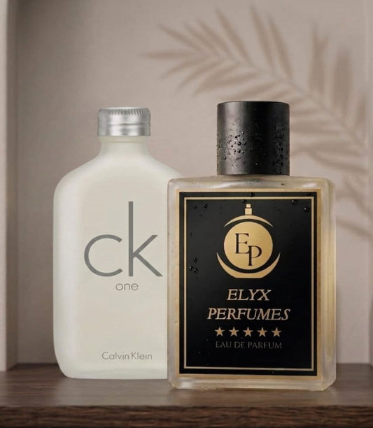Two perfume bottles, one Calvin Klein and one Elyx Perfumes, on a wooden surface with a neutral background.
