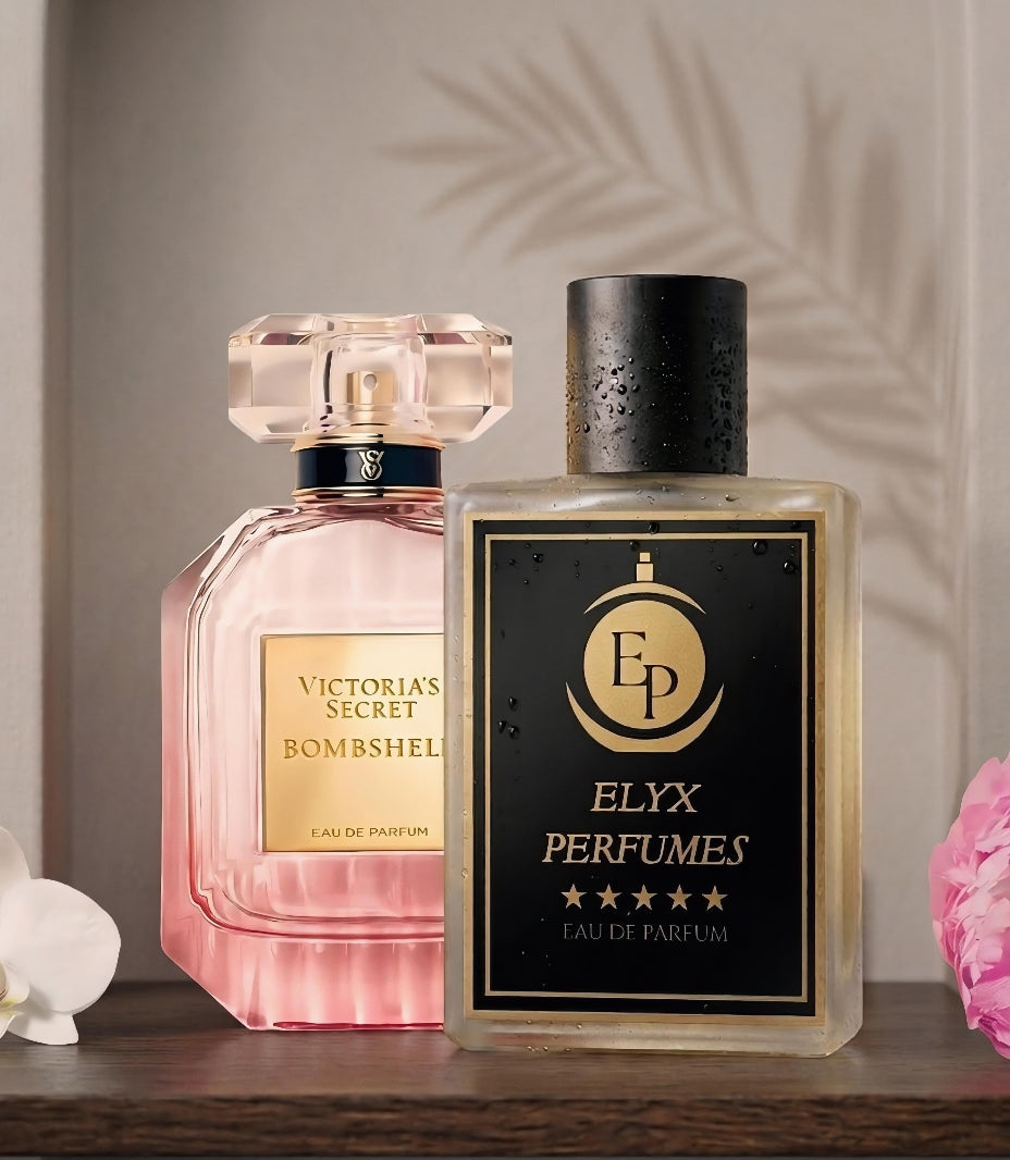 Two perfume bottles, one pink and one black with gold accents, on a wooden surface.