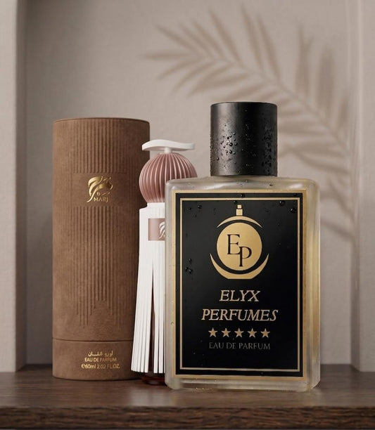 Elyx Perfumes bottle with packaging on a wooden surface