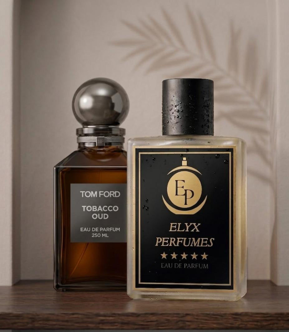 Two perfume bottles, one by Tom Ford and the other by Elyx Perfumes, on a wooden surface with a neutral background.