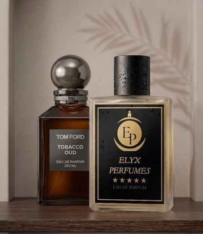 Two perfume bottles, one by Tom Ford and the other by Elyx Perfumes, on a wooden surface with a neutral background.