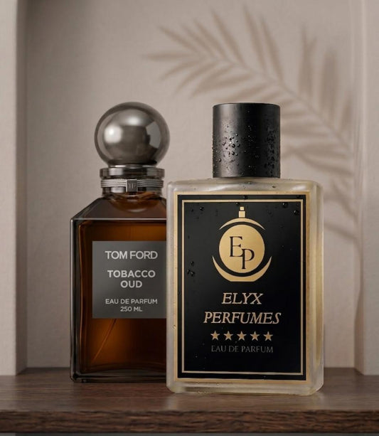 Two perfume bottles, one by Tom Ford and the other by Elyx Perfumes, on a wooden surface with a neutral background.